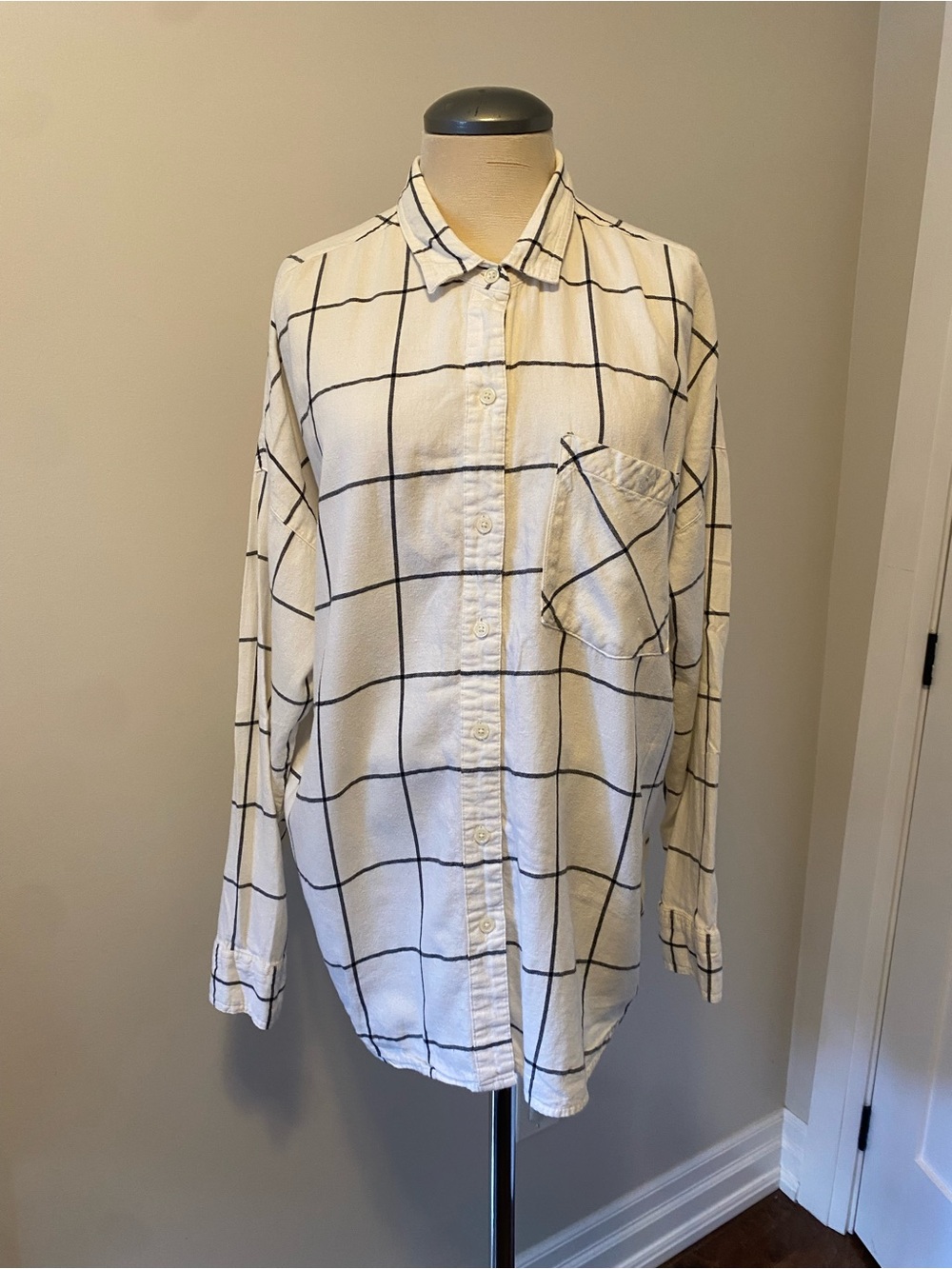 Old Navy Cream Button-Up Shirt with Black Windowpane Check